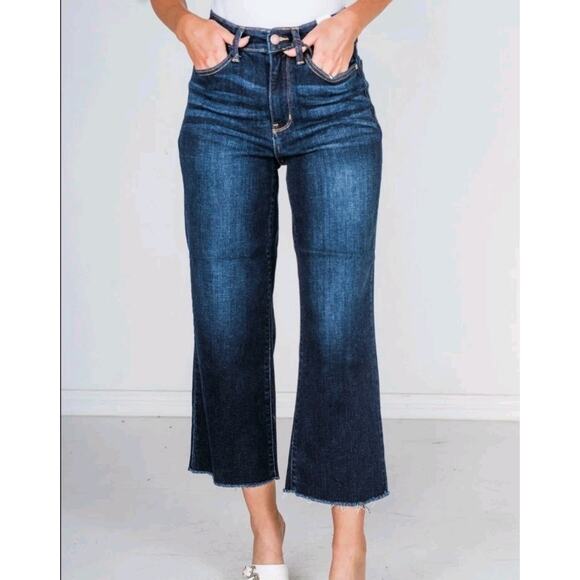 Judy Blue Womens High Rise Wide Leg Jeans Sz 5/27 Blue Denim Dark Wash Raw Hem - Picture 1 of 9